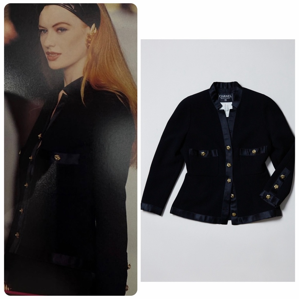 RUNWAY Chanel 1988 Black Wool & Silk Trim Jacket Camellia Buttons skirt suit